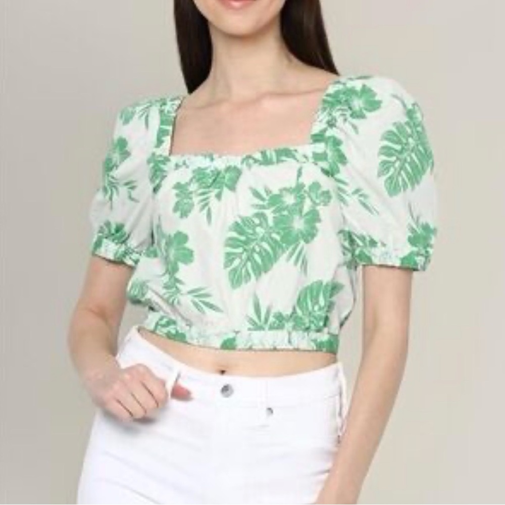 American Eagle Outfitters White and Green Tropical Blouse